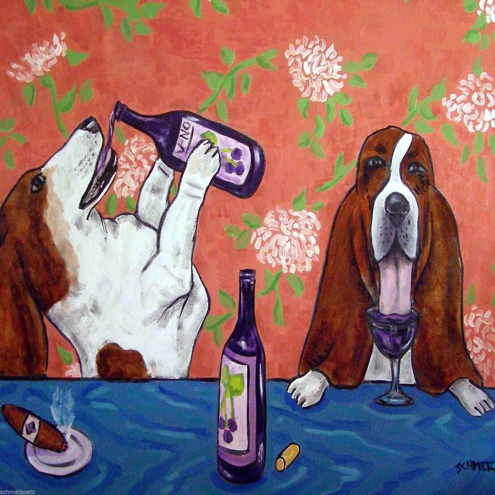 Basset Hound Wine Picture Dog Art Tile Gift Coaster