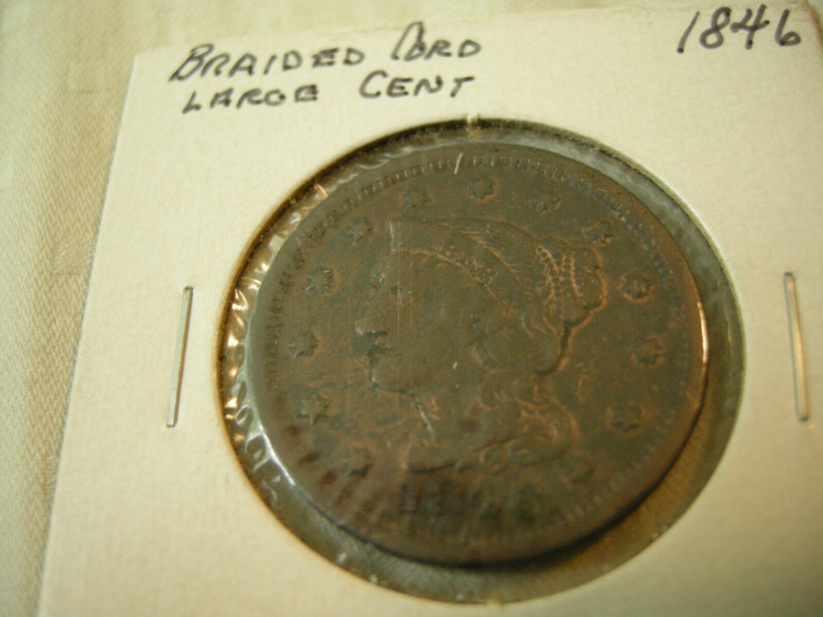 1846 Braided Hair Cord Large Cent Coin Copper Circulated Uncertified In Wrap