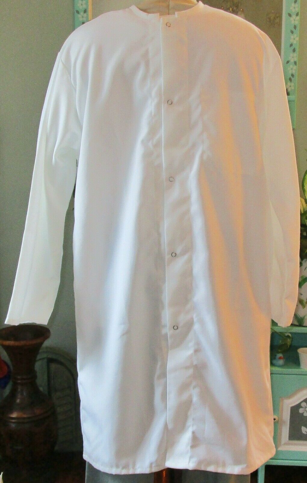 Jewel Neck Collarless L/s Lab Coat Snaps & Pocket 41" Length Sz M To Xl White