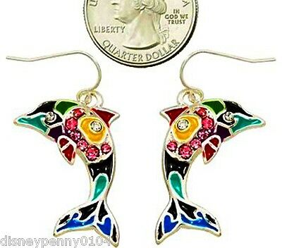 Fish Earrings Dangling-rhinestone-multi Colored Epoxy Paint-1 3/4 Inches