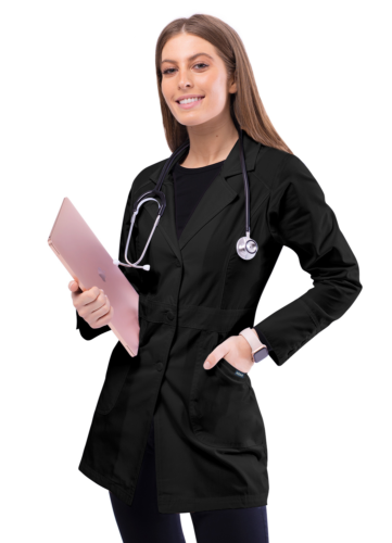 Adar Women Lapel Collar Multi Pocket Buttoned Medical Lab Consultation Coat