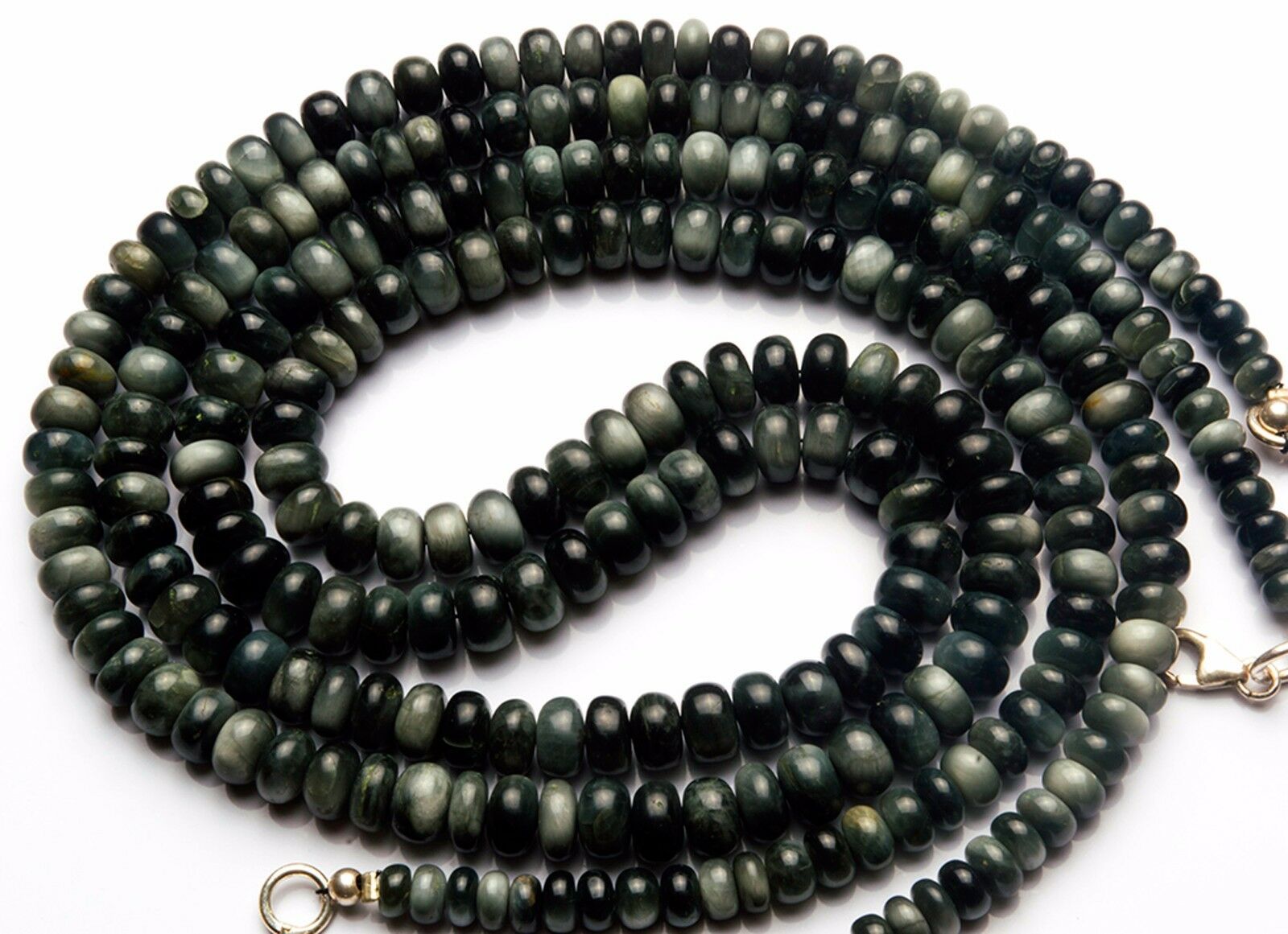 140cts Natural Black Chrysoberyl Cats Eye Smooth 4-6mm Rondelle Beads Neck. 19"